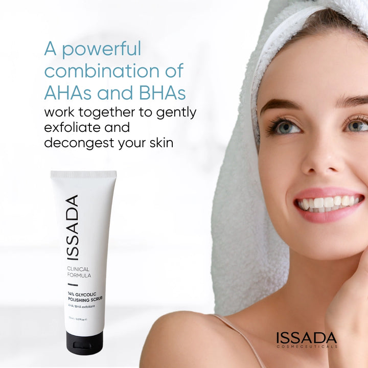 Issada 14% Glycolic Polishing Scrub with text highlighting the powerful combination of AHAs and BHAs that exfoliate and decongest the skin, shown with a smiling woman in a towel.