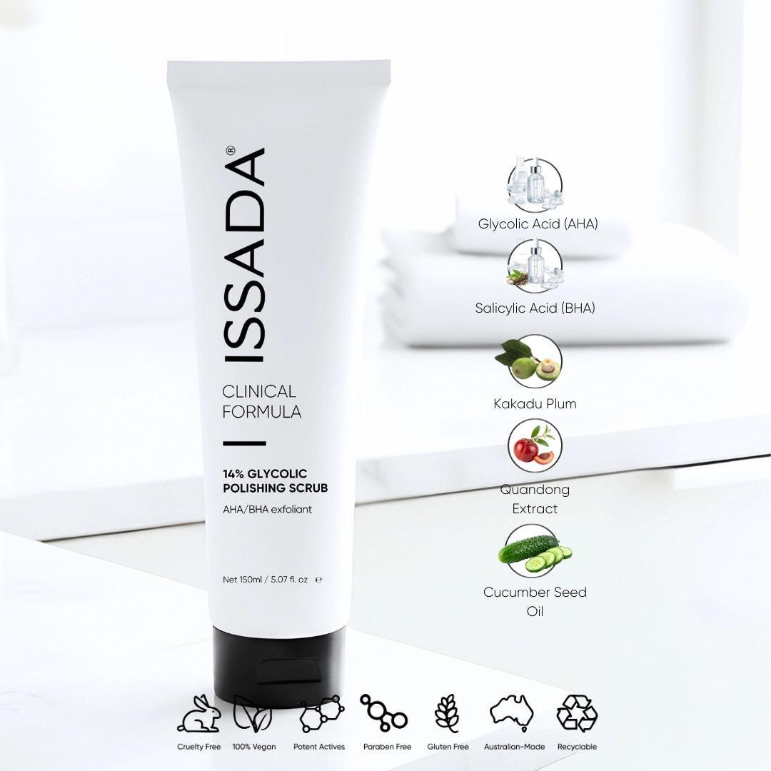 ISSADA Clinical Formula 14% Glycolic Polishing Scrub with glycolic acid AHA, salicylic acid BHA, Kakadu plum, quandong extract and cucumber seed oil