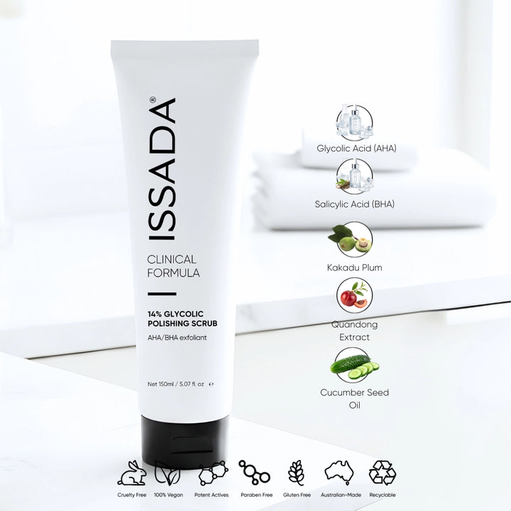 ISSADA Clinical Formula 14% Glycolic Polishing Scrub with glycolic acid AHA, salicylic acid BHA, Kakadu plum, quandong extract and cucumber seed oil