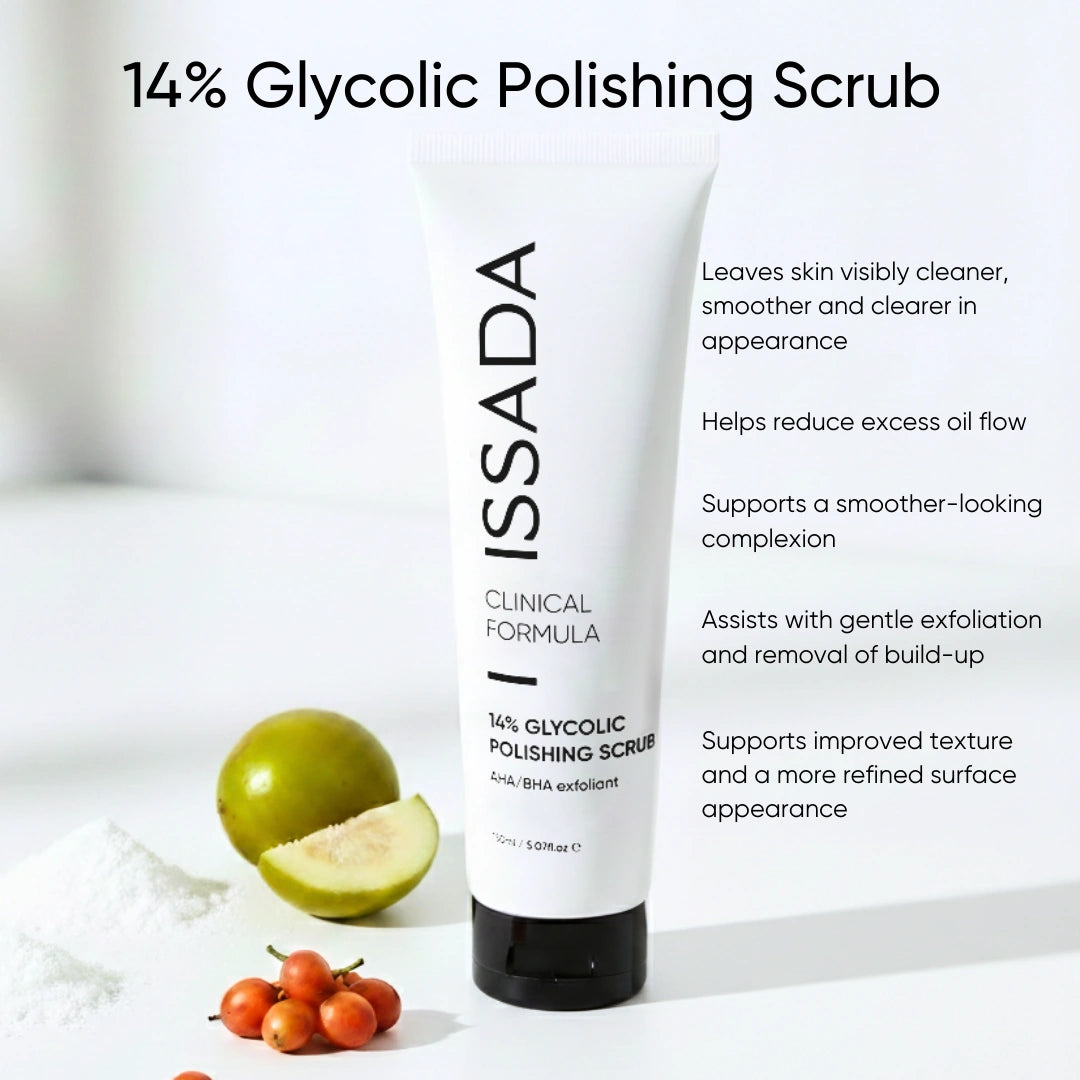 ISSADA 14% Glycolic Polishing Scrub exfoliant with brightening and smoothing benefits for clearer, more refined-looking skin