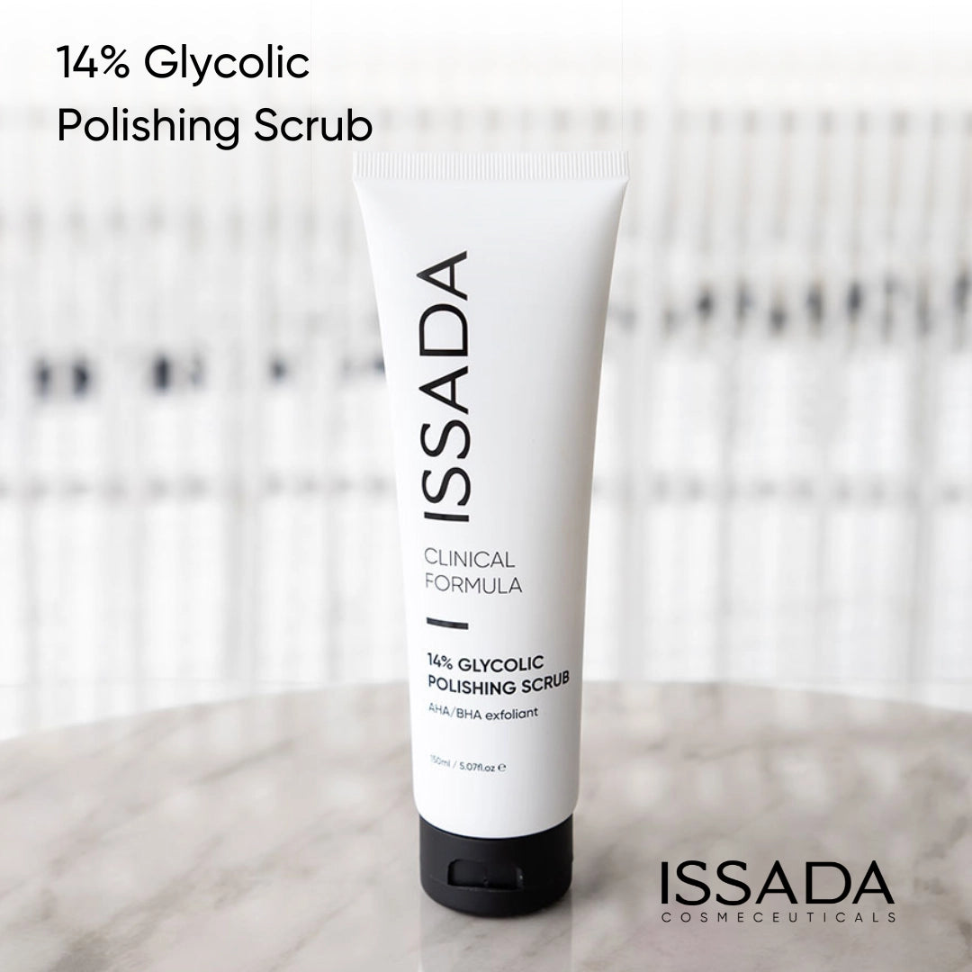 Issada 14% Glycolic Polishing Scrub with clear visible text, highlighting benefits for exfoliation, pore cleansing, and effective skincare treatment.