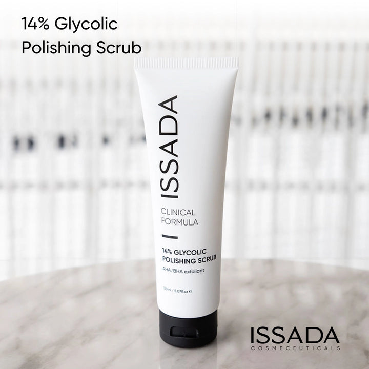 Issada 14% Glycolic Polishing Scrub with clear visible text, highlighting benefits for exfoliation, pore cleansing, and effective skincare treatment.