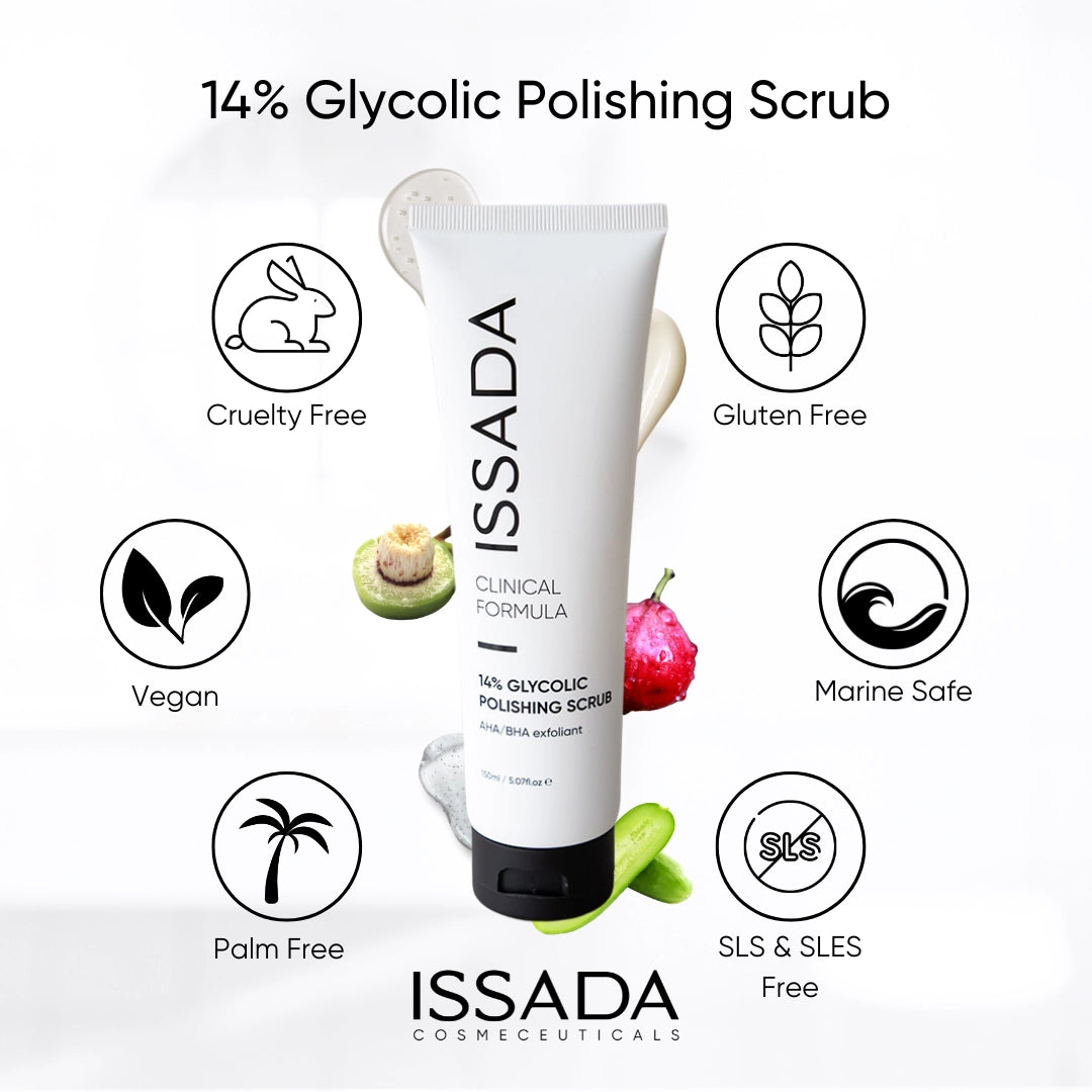 Issada 14% Glycolic Polishing Scrub with icons highlighting features including cruelty free, vegan, gluten free, palm free, SLS and SLES free, and marine safe.