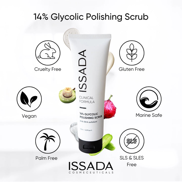 Issada 14% Glycolic Polishing Scrub with icons highlighting features including cruelty free, vegan, gluten free, palm free, SLS and SLES free, and marine safe.