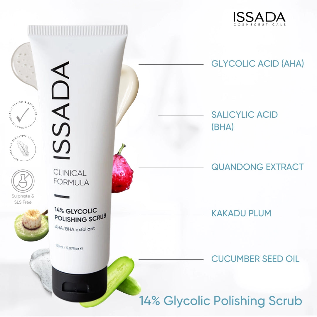 Issada 14% Glycolic Polishing Scrub with labeled ingredients Glycolic Acid, Salicylic Acid, Quandong Extract, Kakadu Plum, and Cucumber Seed Oil.