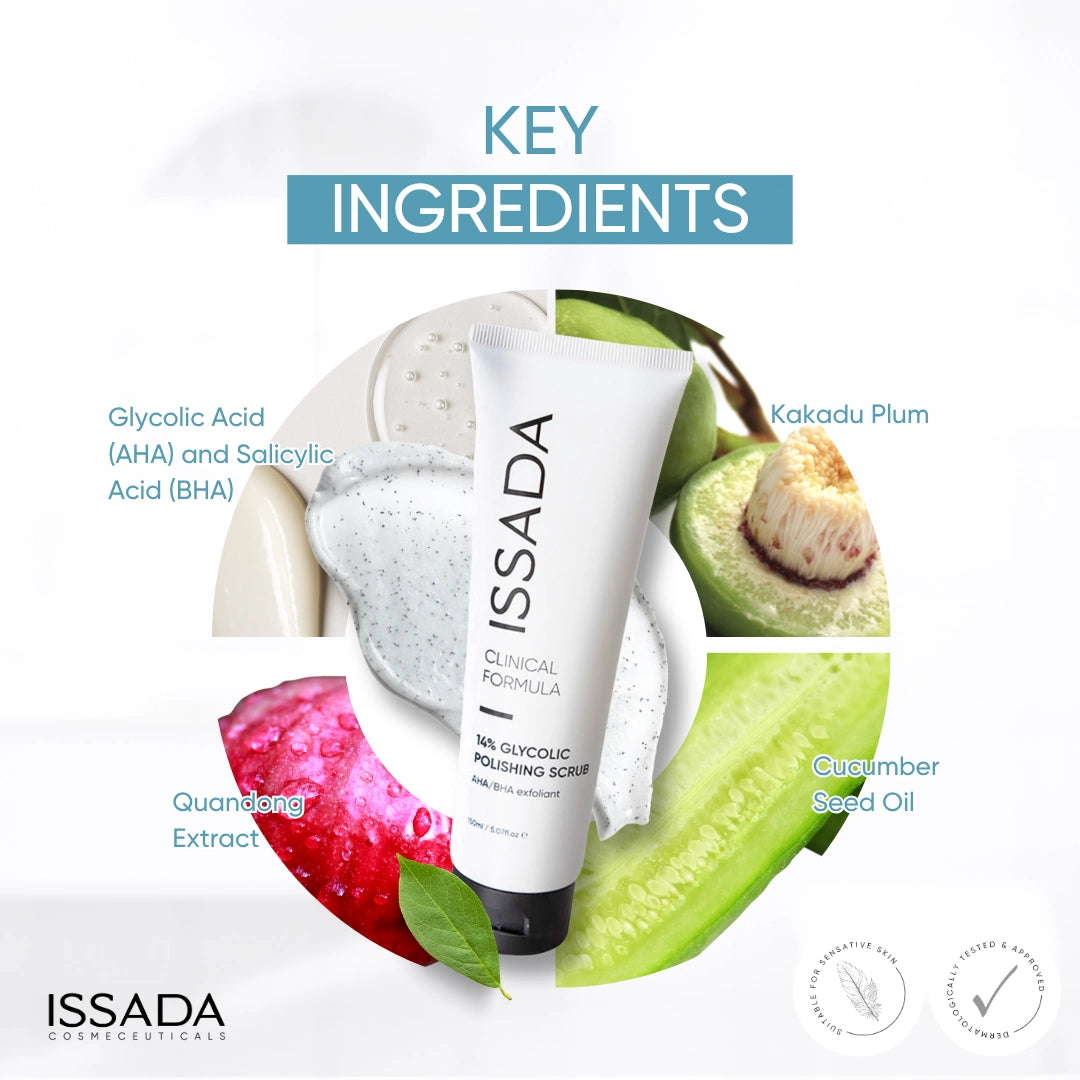 Issada 14% Glycolic Polishing Scrub with key ingredients Glycolic Acid, Salicylic Acid, Kakadu Plum, Quandong Extract, and Cucumber Seed Oil.
