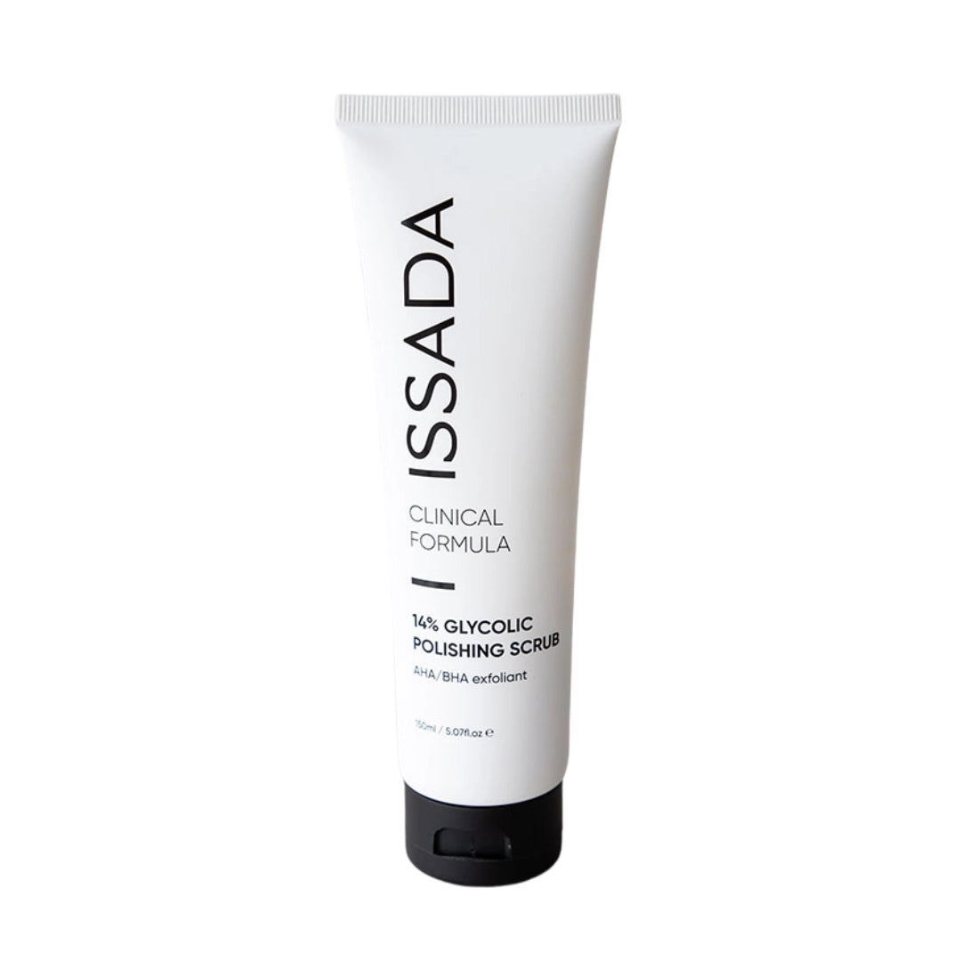 Issada Clinical Formula 14% Glycolic Polishing Scrub AHA/BHA exfoliant tube on white background.