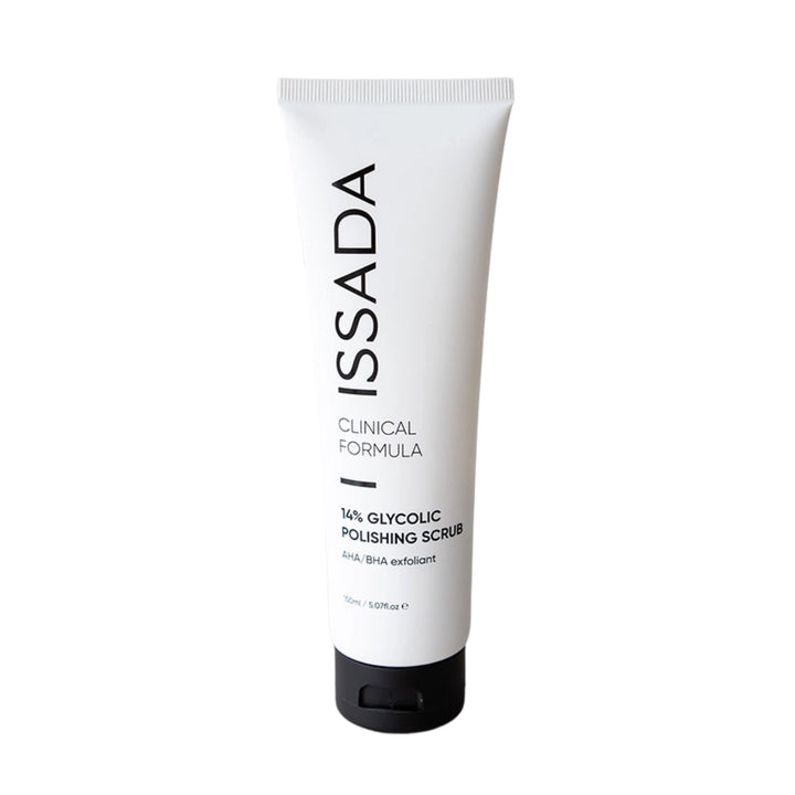 Issada Clinical Formula 14% Glycolic Polishing Scrub AHA/BHA exfoliant tube on white background.