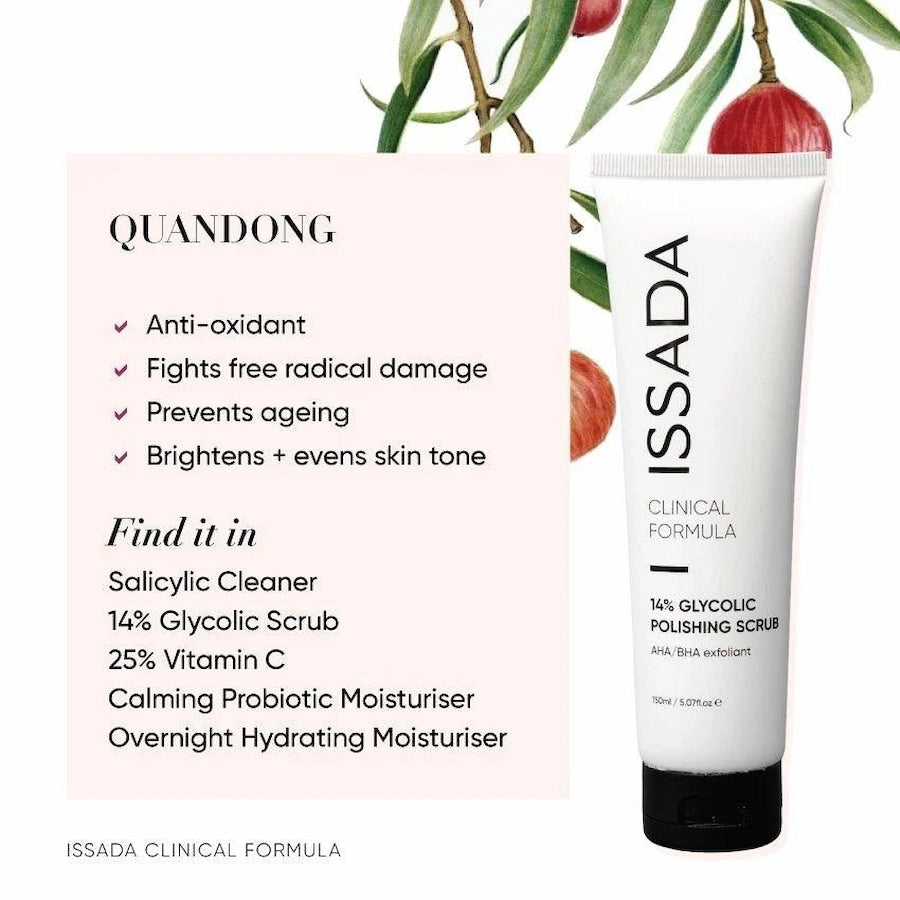 ISSADA 14% Glycolic Polishing Scrub with text highlighting Quandong benefits on a white background
