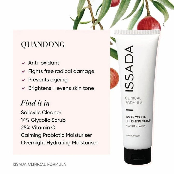 ISSADA 14% Glycolic Polishing Scrub with text highlighting Quandong benefits on a white background