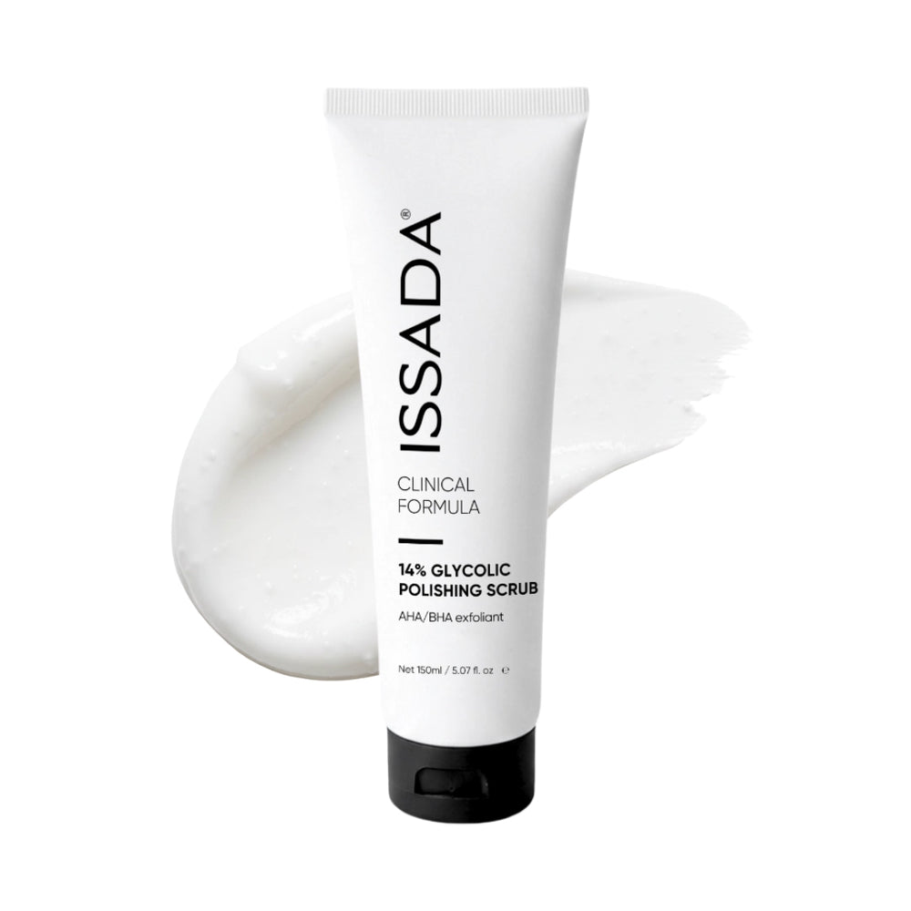 ISSADA 14% Glycolic Polishing Scrub AHA BHA exfoliant with product texture swatch