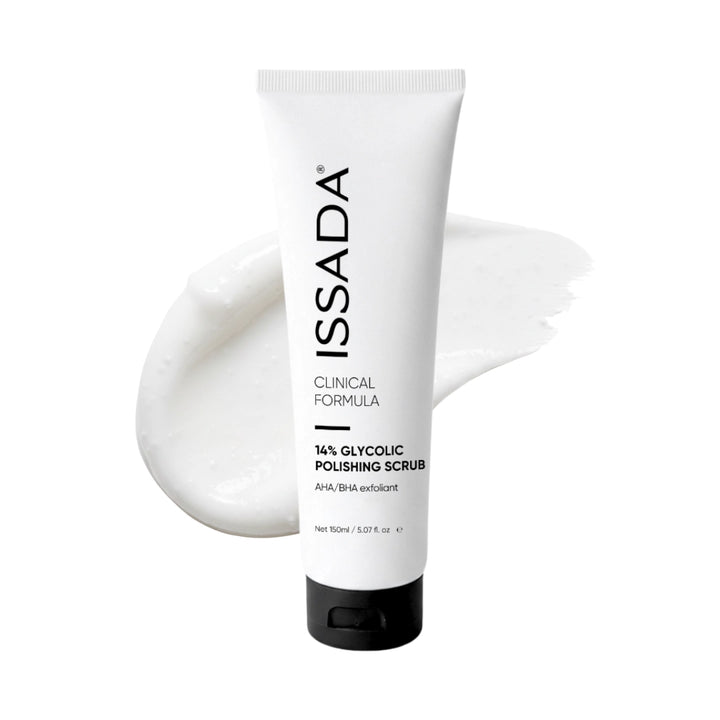 ISSADA 14% Glycolic Polishing Scrub AHA BHA exfoliant with product texture swatch