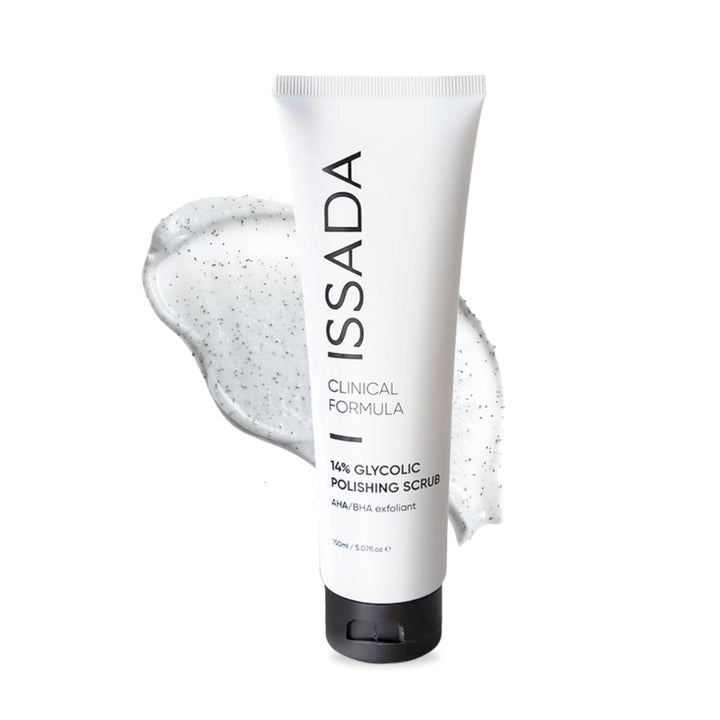 Issada Clinical Formula 14% Glycolic Polishing Scrub tube with exfoliating gel swatch showing texture and microbeads.