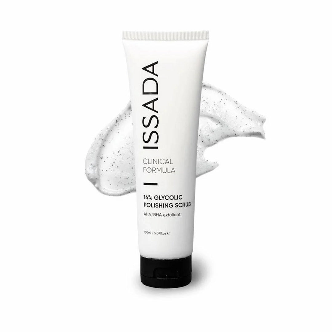 ISSADA 14% Glycolic Polishing Scrub in white tube with exfoliating cream texture on a white background