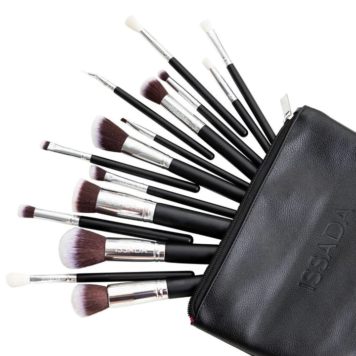 Issada 15-piece vegan luxe makeup brush set with professional black handles, soft bristles, and black leather pouch.