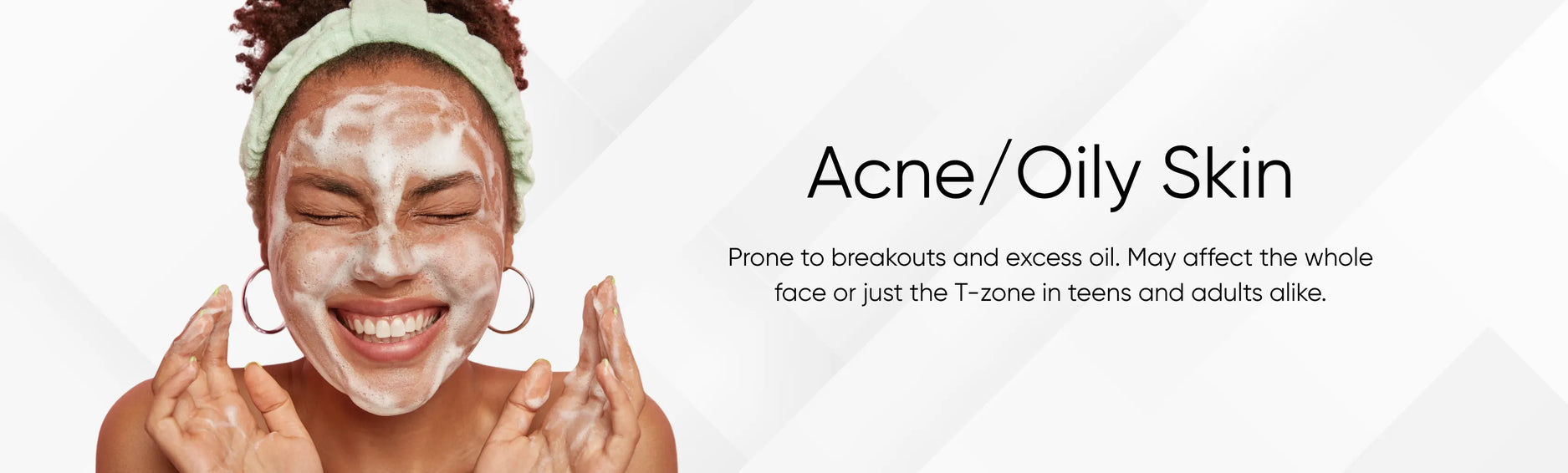 Woman with foaming cleanser on face promoting acne/oily skin care banner