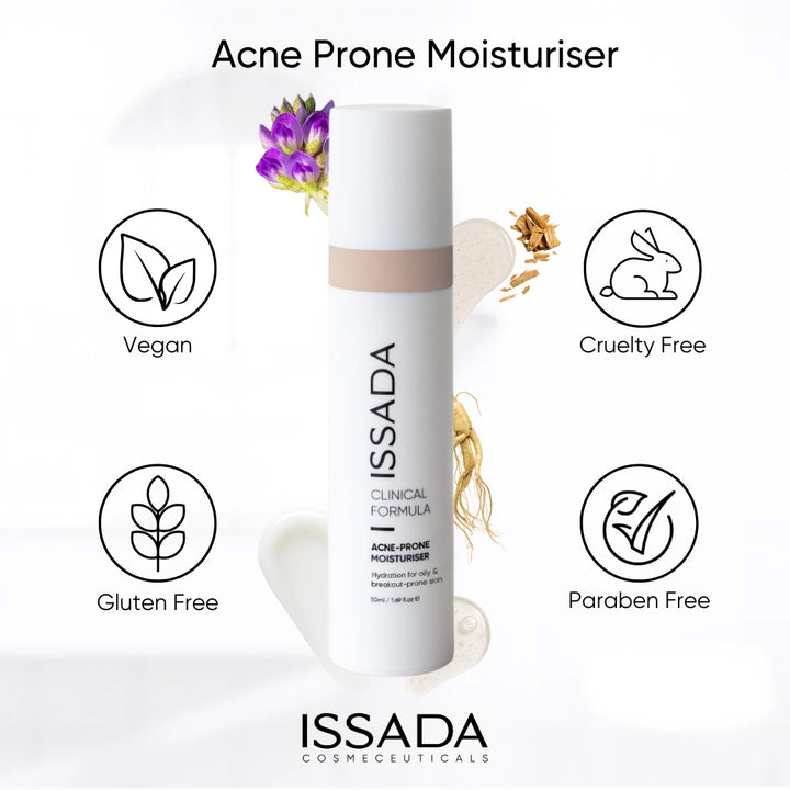 ISSADA Clinical Formula Acne-Prone Moisturiser highlighting its vegan, cruelty free, gluten free, and paraben free formulation for clear, balanced skin.