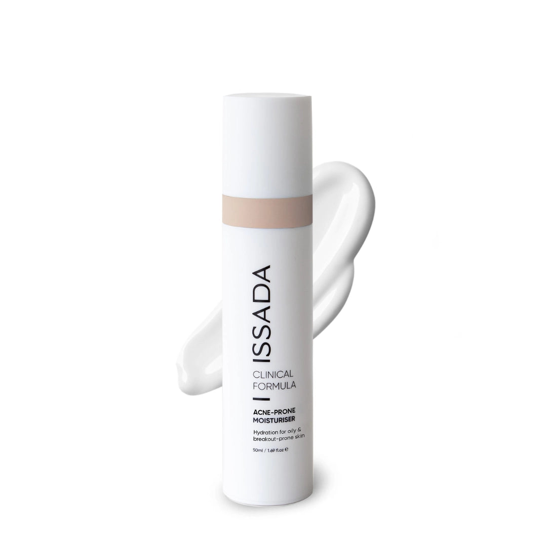 ISSADA Clinical Formula Acne-Prone Moisturiser with a creamy swatch, a lightweight formula that hydrates and balances oily, breakout-prone skin.