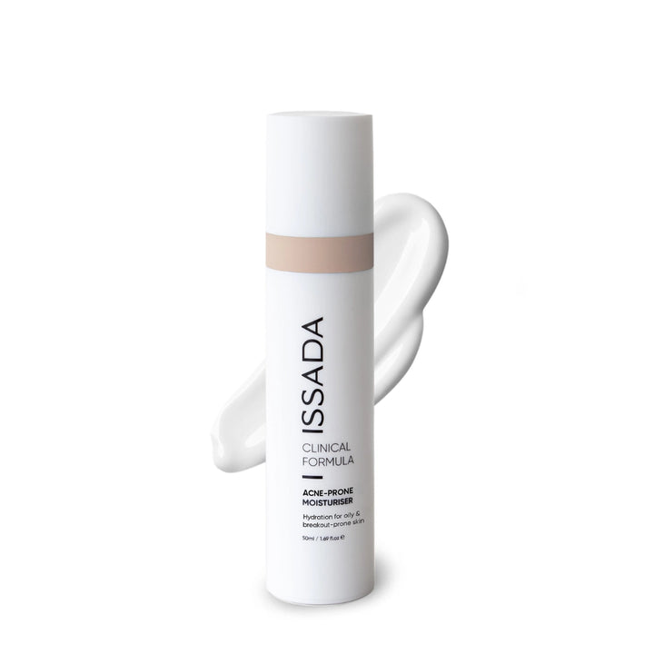 ISSADA Clinical Formula Acne-Prone Moisturiser with a creamy swatch, a lightweight formula that hydrates and balances oily, breakout-prone skin.
