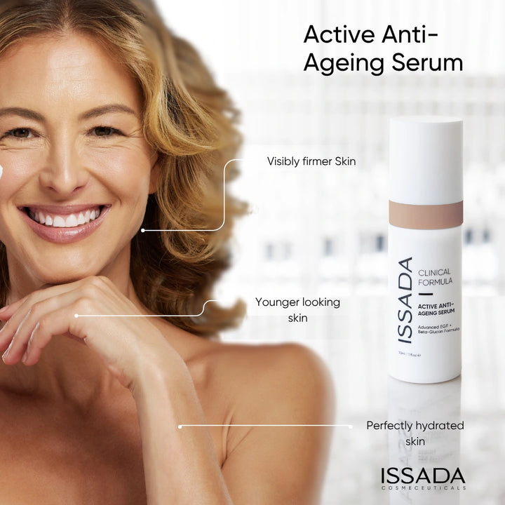 Issada Active Anti-Ageing Serum bottle surrounded by text highlighting its anti-ageing benefits such as boosting collagen, improving elasticity, hydrating skin, and reducing wrinkles for a youthful glow.