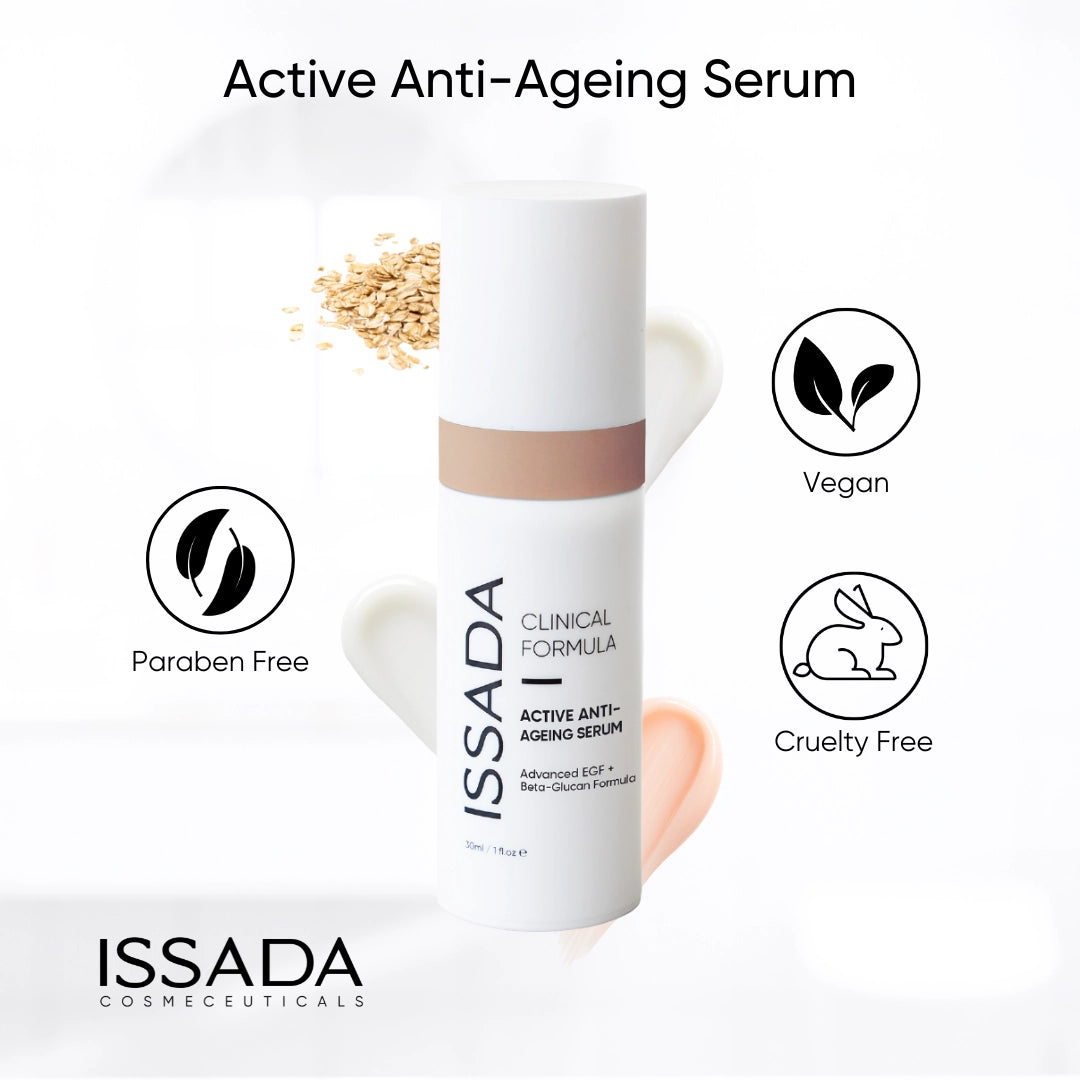 Issada Active Anti-Ageing Serum bottle with icons indicating it is Paraben Free, Vegan, and Cruelty Free, displayed on a clean white background with serum texture accents.