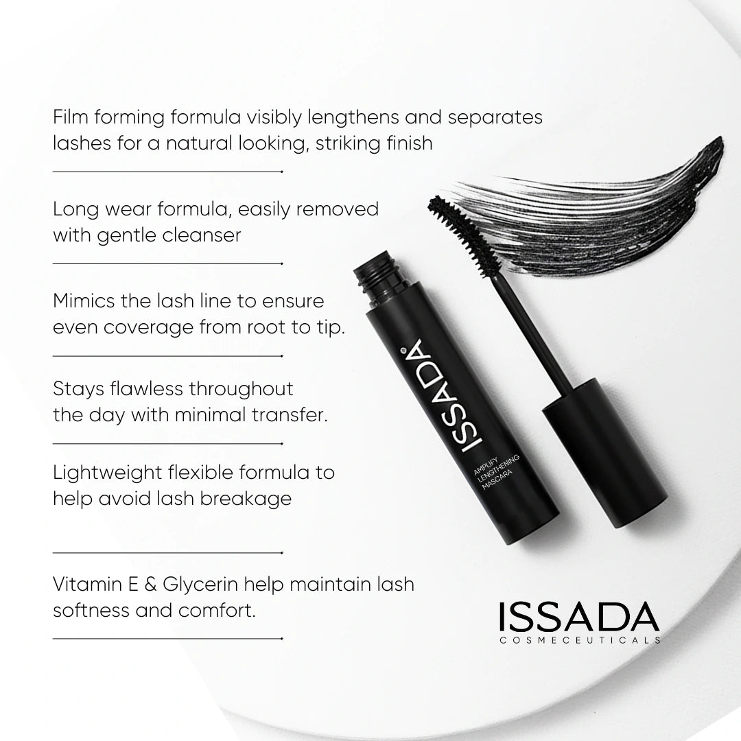 ISSADA Amplify Lengthening Mascara tubular formula with curved brush and lash swatch highlighting long wear, lash separation and lightweight formula