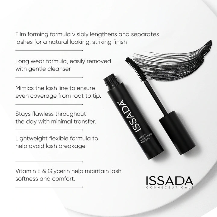 ISSADA Amplify Lengthening Mascara tubular formula with curved brush and lash swatch highlighting long wear, lash separation and lightweight formula
