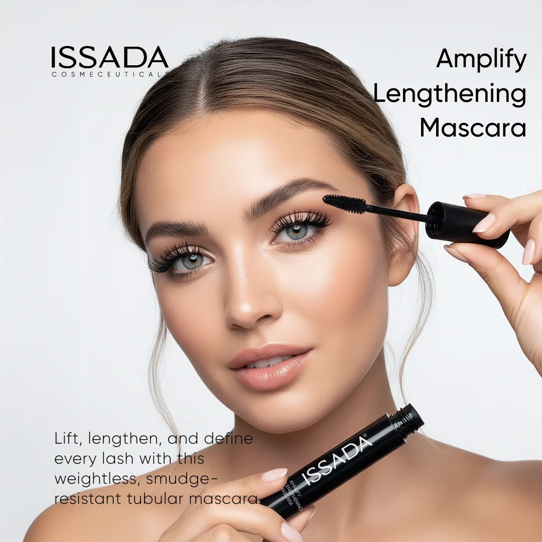 Model applying ISSADA Amplify Lengthening Mascara showing lifted, defined and lengthened lashes with tubular mascara formula