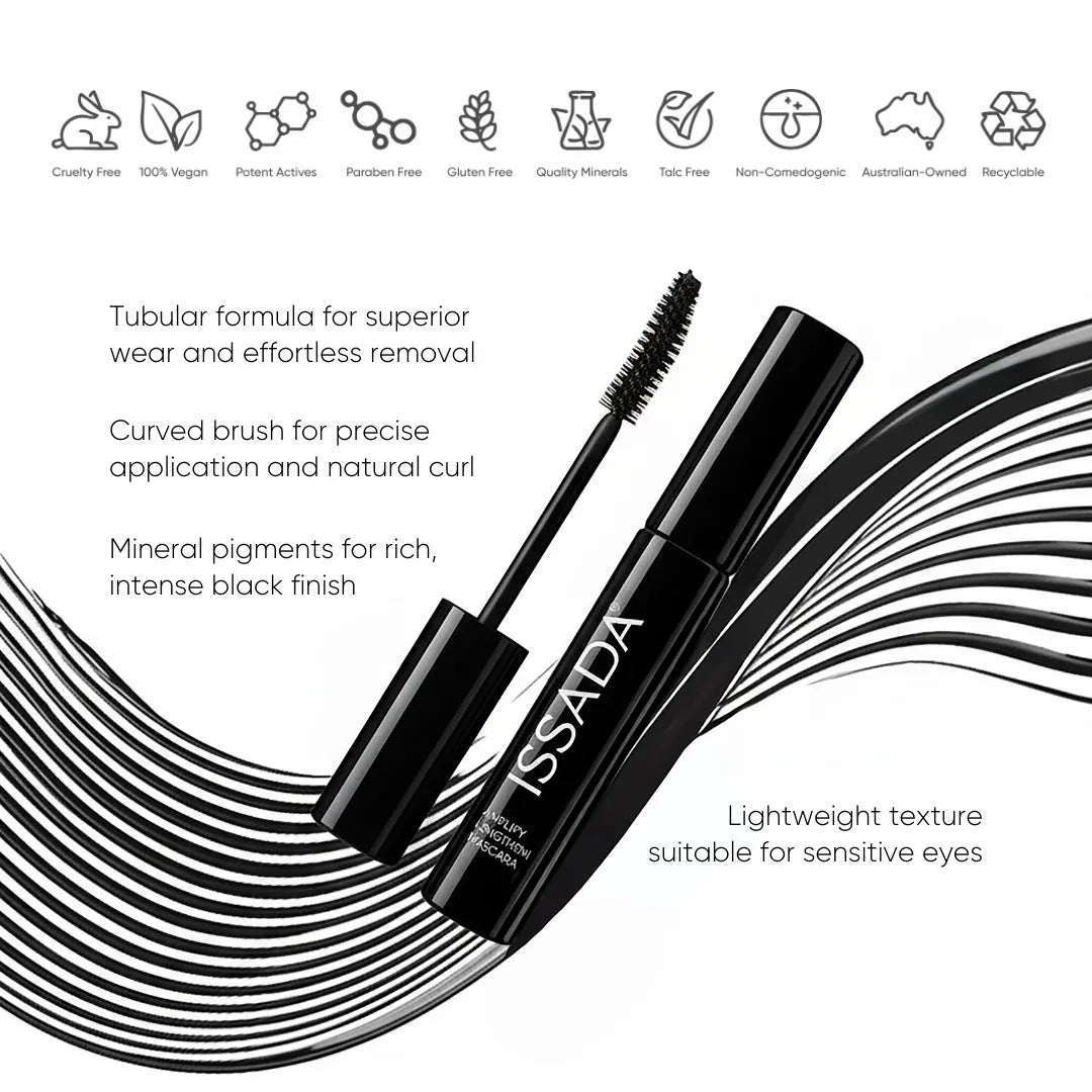 ISSADA Amplify Lengthening Mascara tubular mascara with curved brush, mineral pigments, vegan cruelty free formula for sensitive eyes