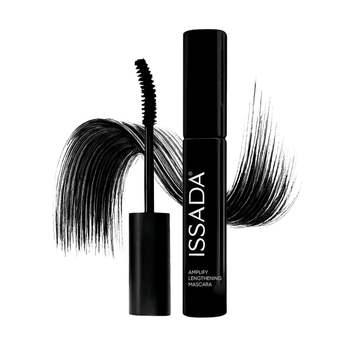 ISSADA Amplify Lengthening Mascara with curved wand and dramatic black lash swatch showing lengthening tubular mascara effect