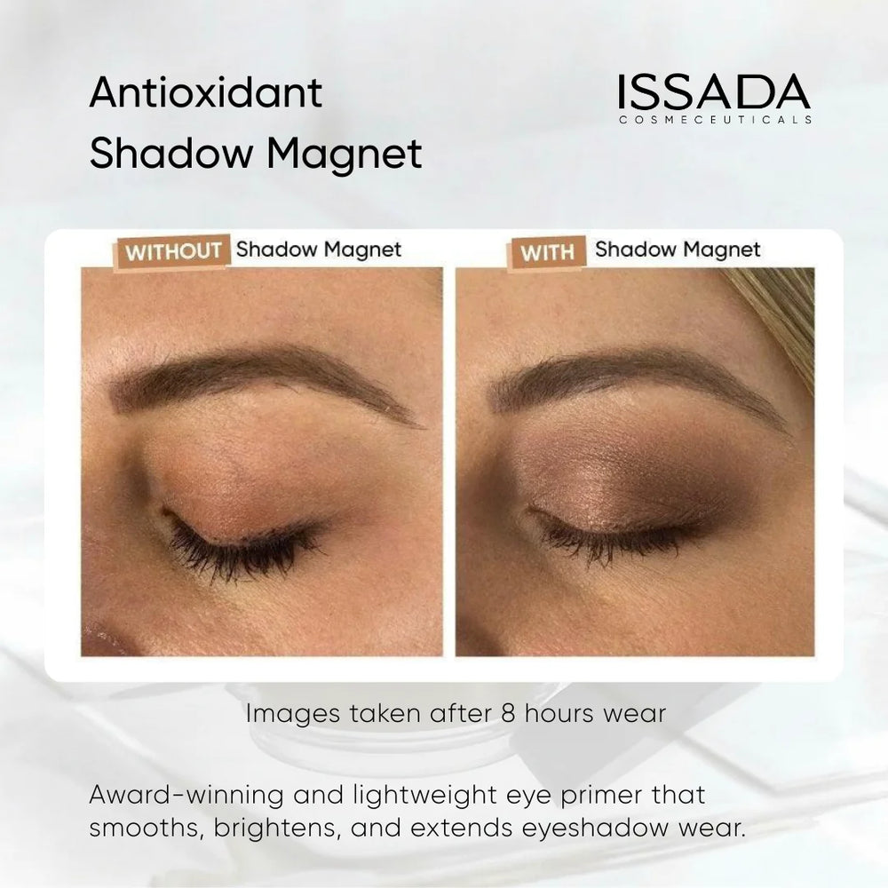 Before and after eyeshadow application using ISSADA Antioxidant Shadow Magnet eye primer showing smoother colour and extended wear after eight hours