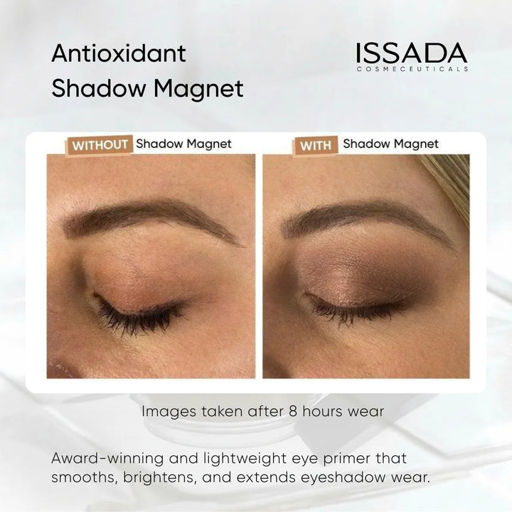 Before and after eyeshadow application using ISSADA Antioxidant Shadow Magnet eye primer showing smoother colour and extended wear after eight hours