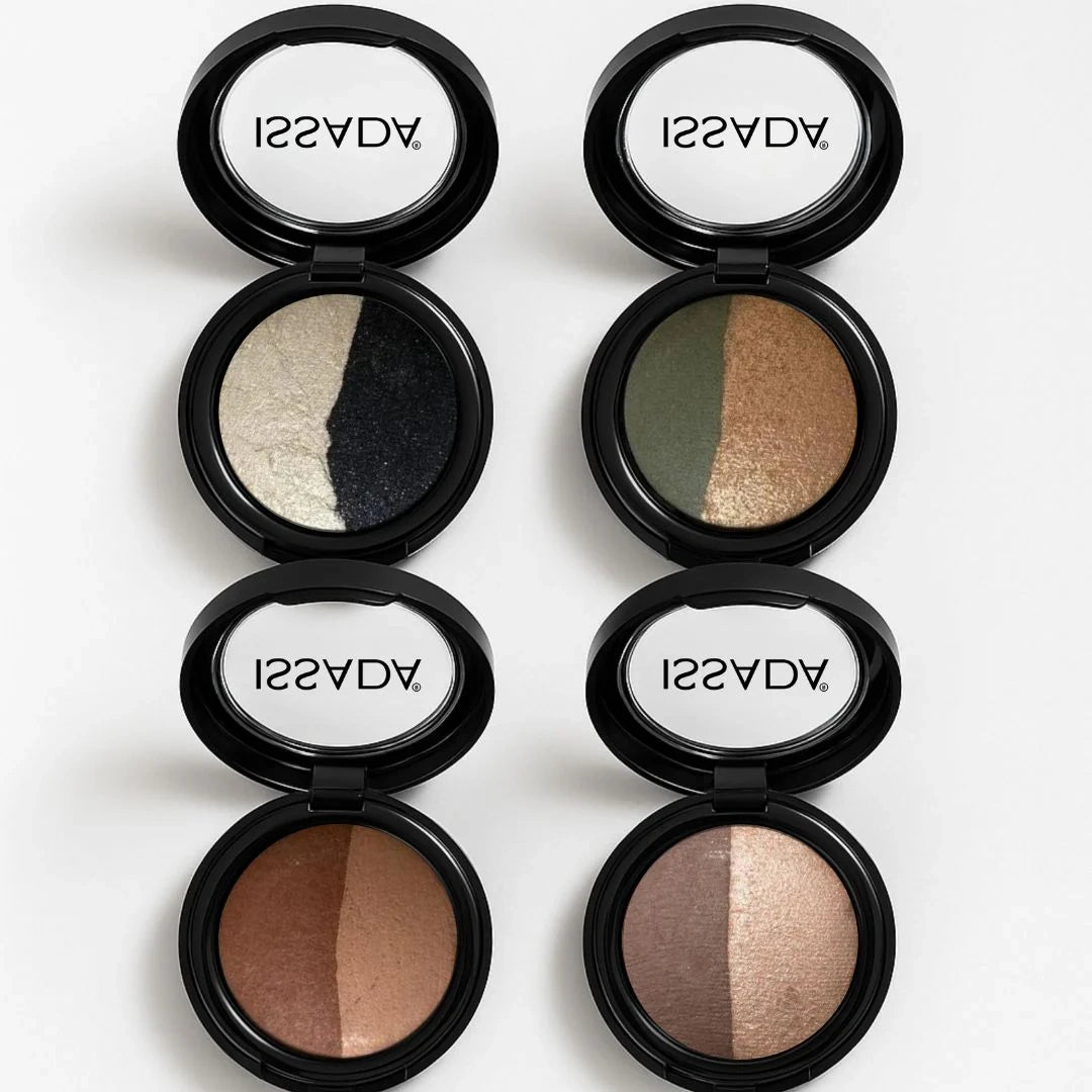 Set of ISSADA Mineral Baked Eye Shadow Duo compacts on a white background
