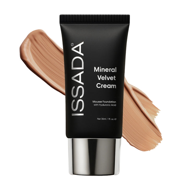 Issada Mineral Velvet Cream foundation in Barcelona shade with warm tan-beige swatch