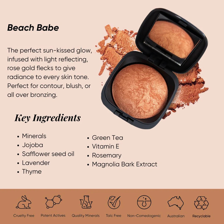 ISSADA Mineral Beach Babe bronzer with open case on beige background, featuring text and ingredients list.