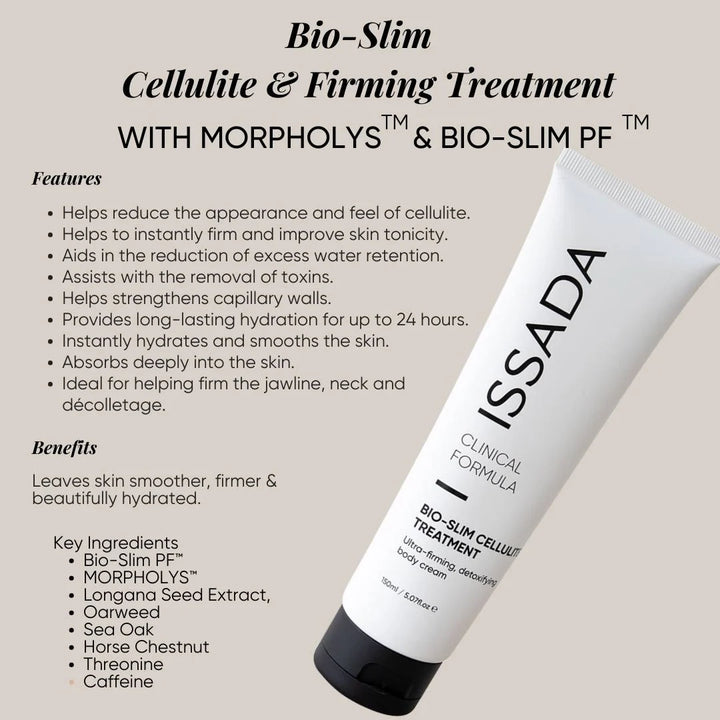 ISSADA Bio-Slim Cellulite Treatment tube with product benefits and key ingredients and features
