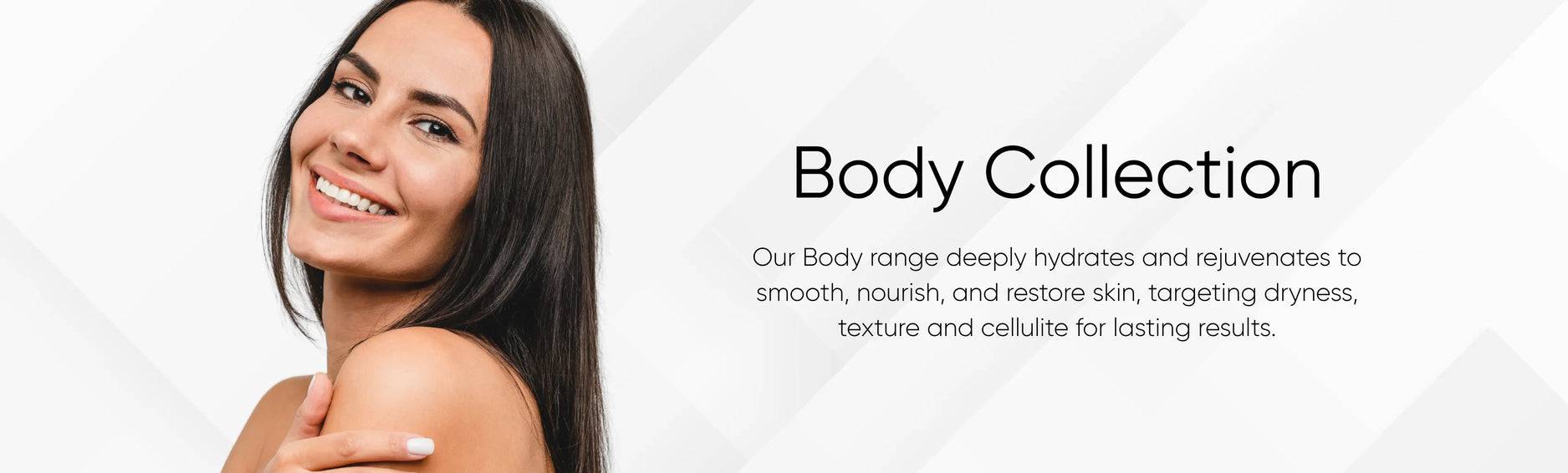 Woman showcasing smooth, hydrated skin for body care collection on a white background