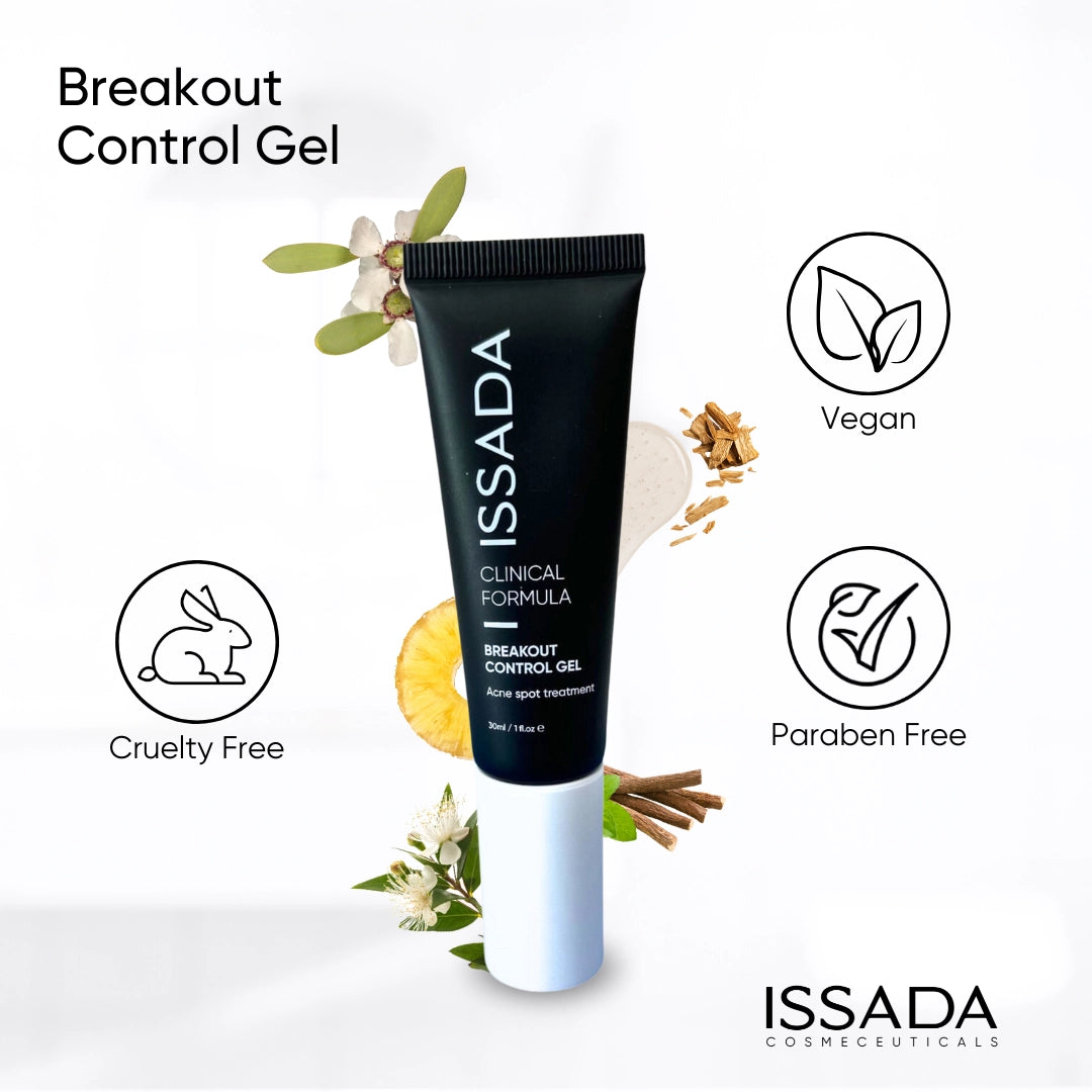 ISSADA Breakout Control Gel, vegan, cruelty-free, and paraben-free acne treatment formulated for clear, balanced skin.
