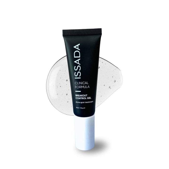 ISSADA Clinical Formula Breakout Control Gel with clear gel swatch – acne spot treatment for blemish-prone skin.