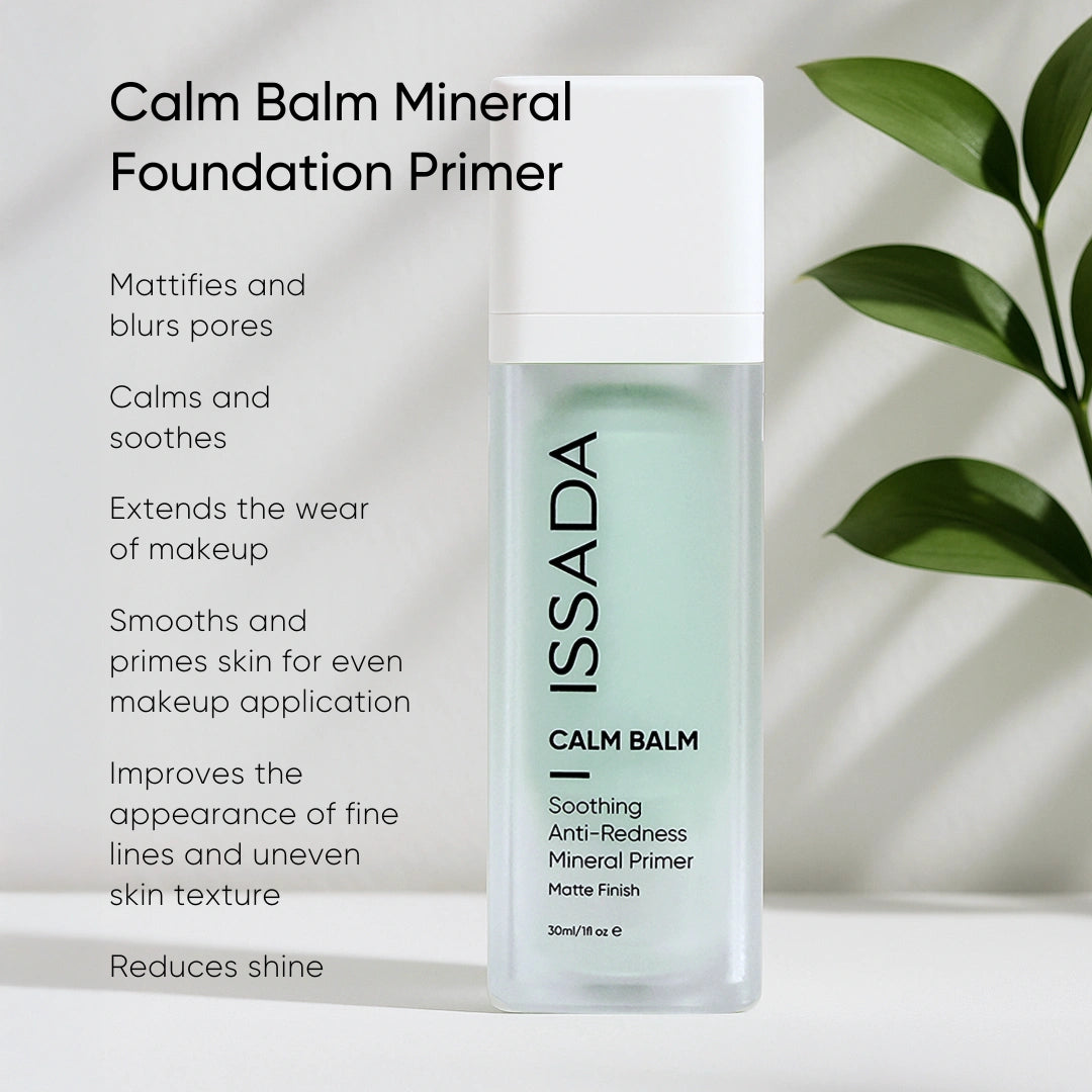 Issada Calm Balm Mineral Foundation Primer with text highlighting key benefits including mattifying pores, calming redness, smoothing skin, and reducing shine