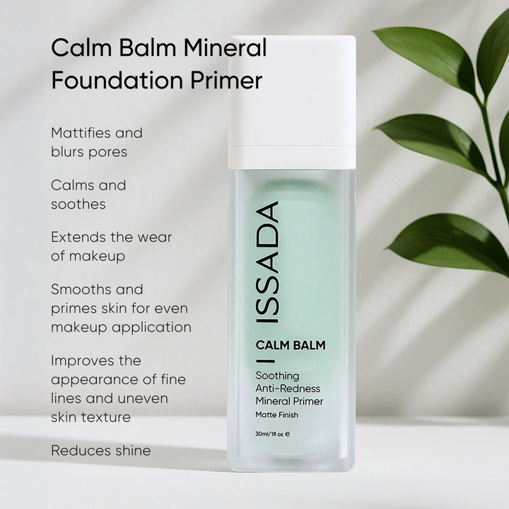 Issada Calm Balm Mineral Foundation Primer with text highlighting key benefits including mattifying pores, calming redness, smoothing skin, and reducing shine