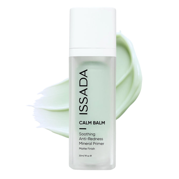 Issada Calm Balm Soothing Anti-Redness Mineral Primer with light green creamy swatch showing matte, calming texture