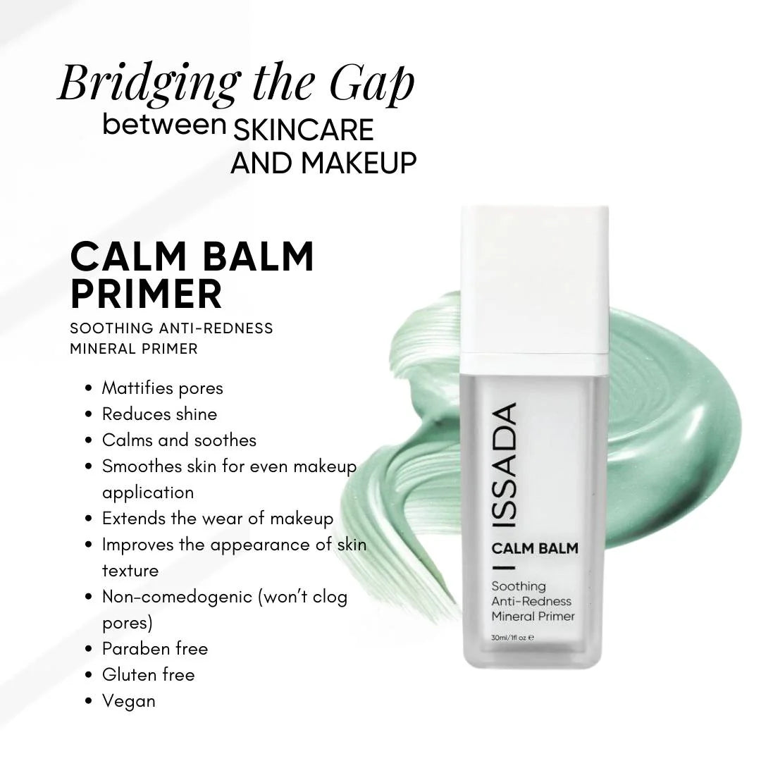 ISSADA Calm Balm Primer bottle with product description on a white background