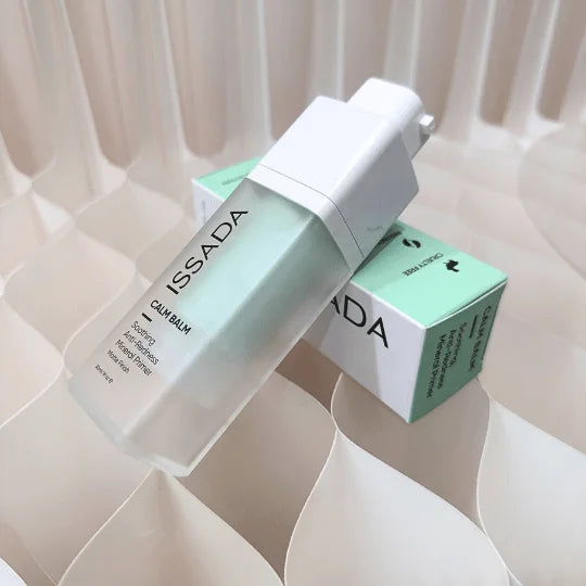 ISSADA Calm Balm anti-redness mineral primer bottle with packaging box, soothing hydrating primer for smooth, even skin