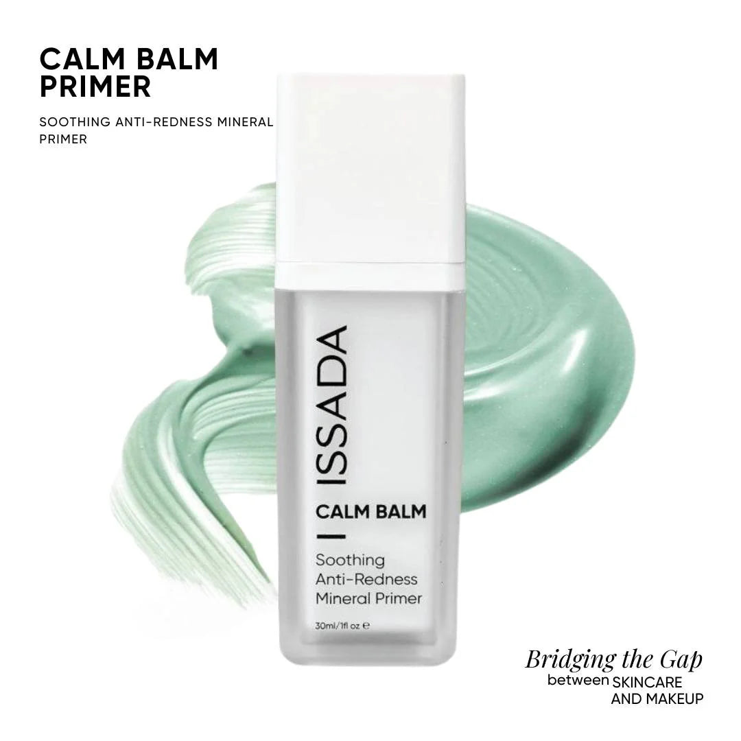 ISSADA Calm Balm Primer bottle with green swatch on a white background