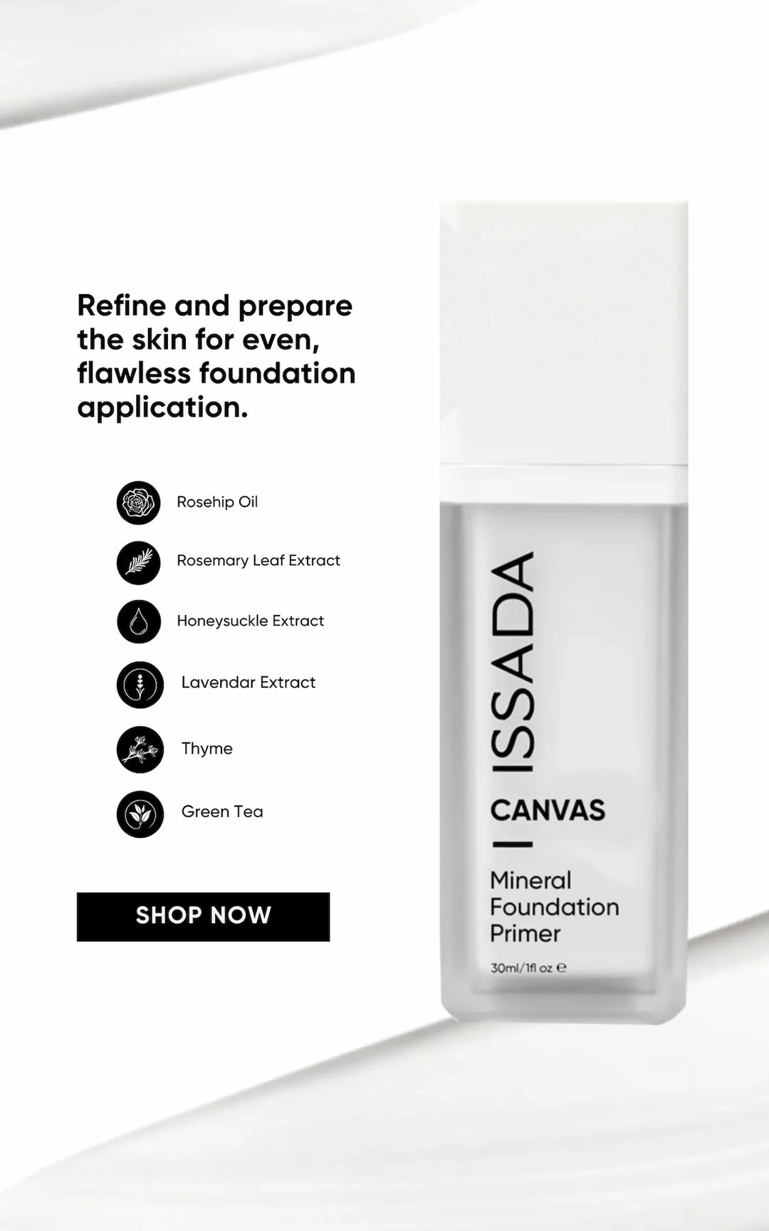 ISSADA Canvas Mineral Foundation Primer bottle with product details on a white background