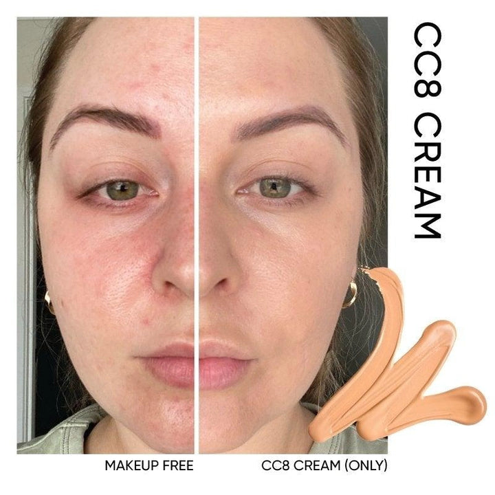Before and after comparison of a woman's face with CC8 Cream application.