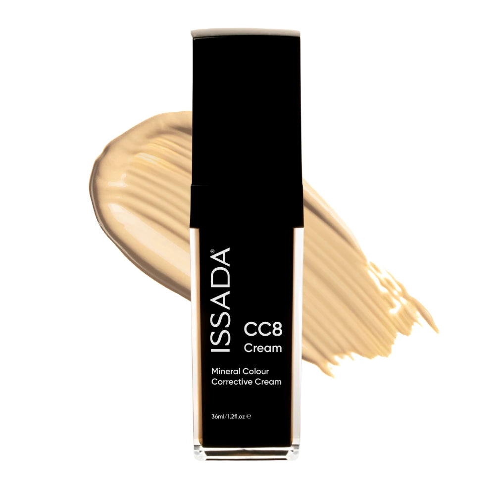 ISSADA CC8 Cream Mineral Colour Corrective Cream in Nordic Snow shown with product bottle and shade swatch.
