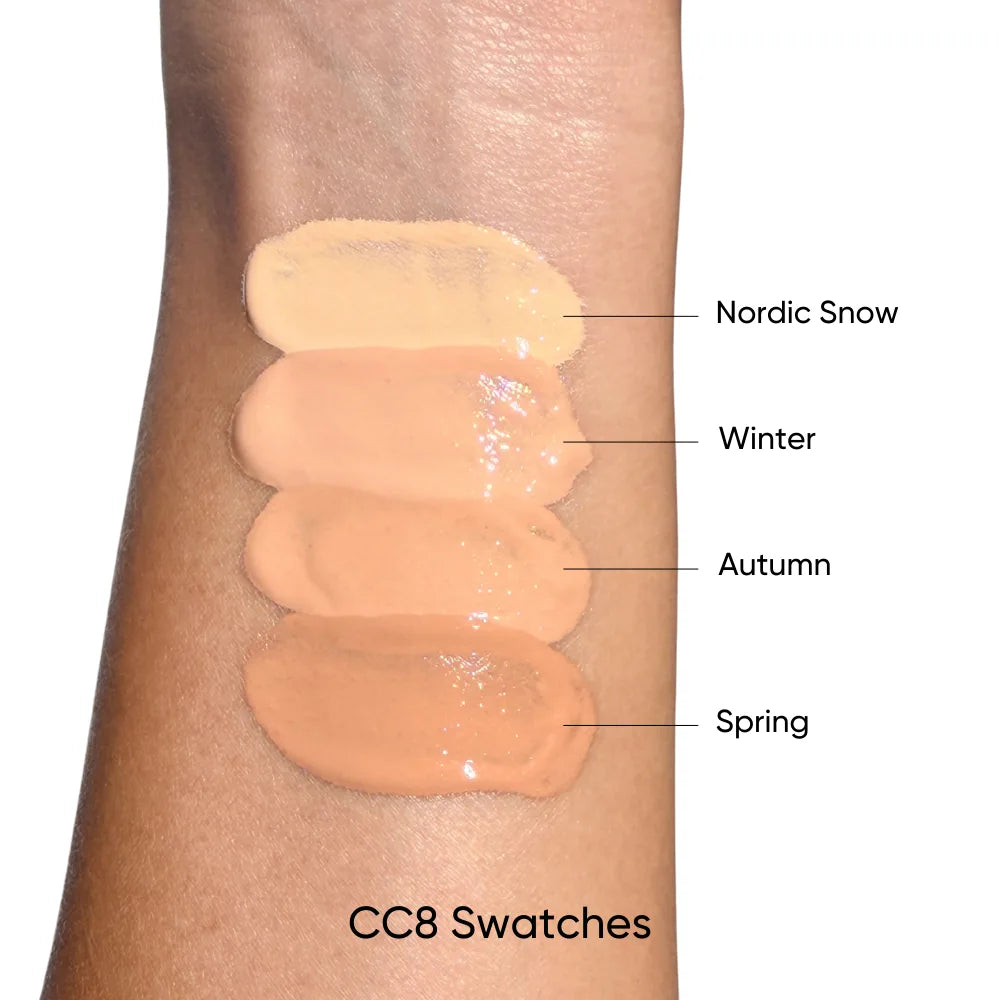 Shade swatches for ISSADA CC8 Cream showing Nordic Snow, Winter, Autumn and Spring tones.