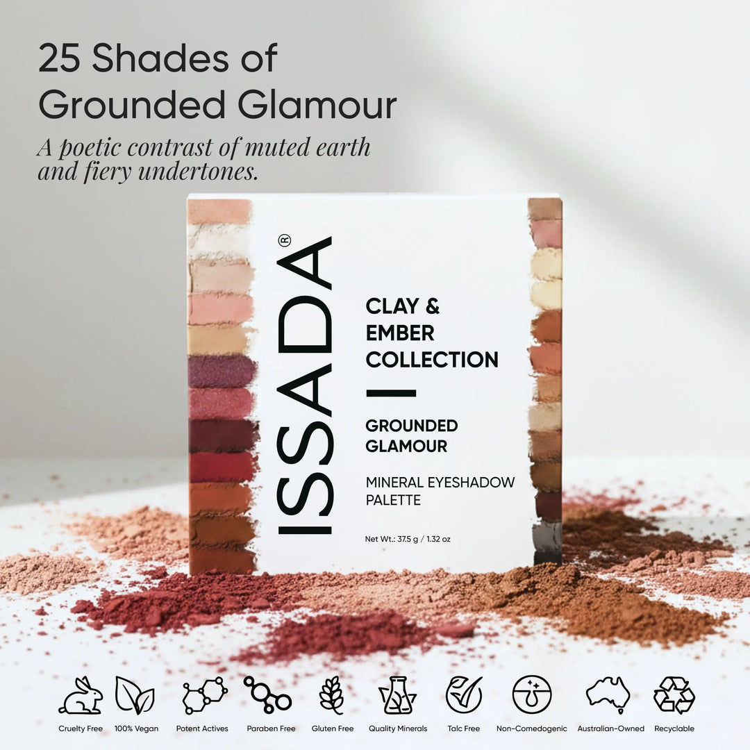 ISSADA Clay & Ember Collection Mineral Eyeshadow palette with 25 grounded glamour shades inspired by earthy clay and ember tones